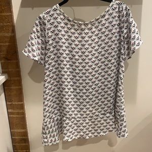 Ann Taylor Loft, size small petite. White with red and black pattern blouse.